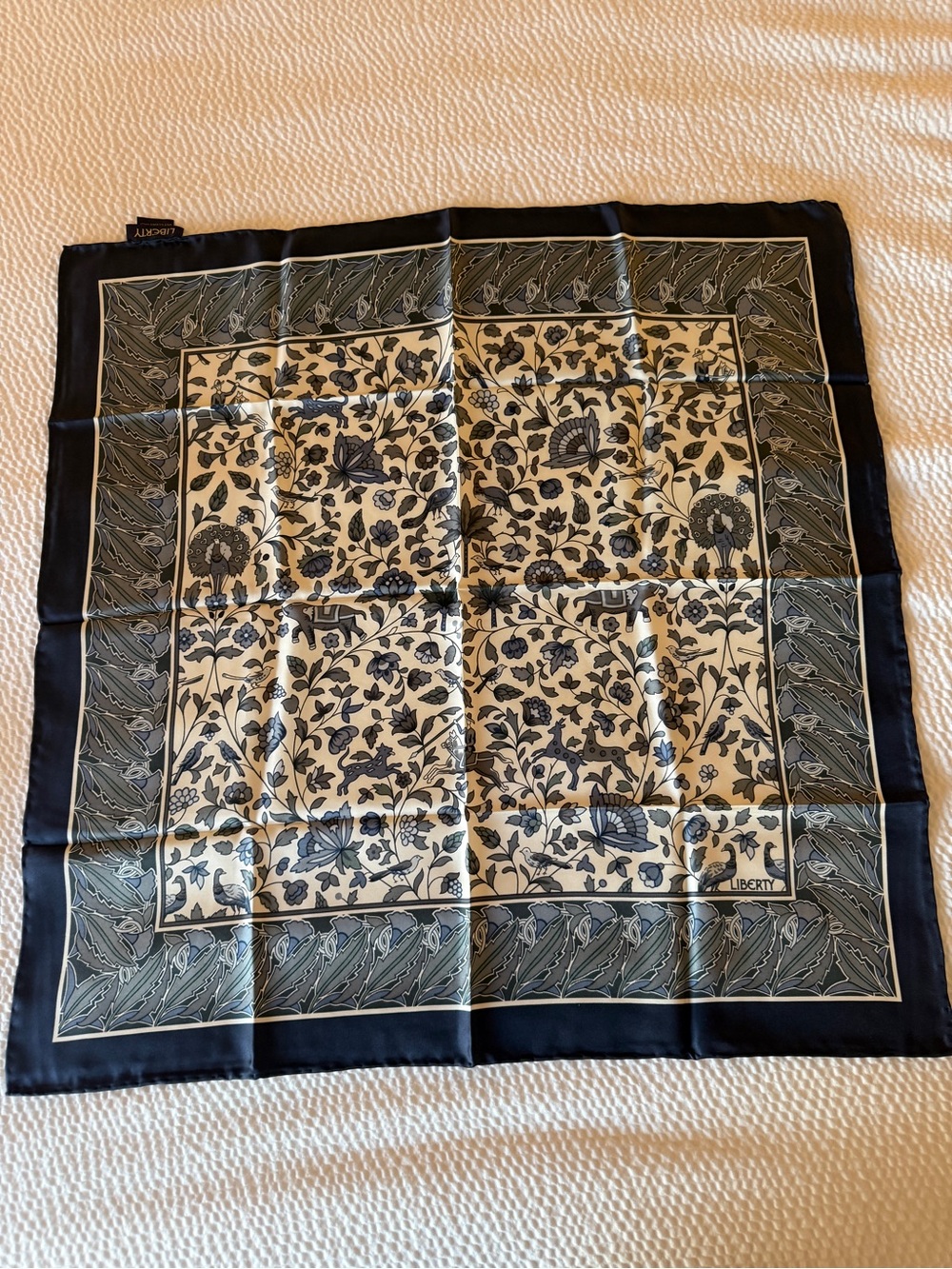 Liberty of London Silk Square Scarf Blue Ivory Indian Animal Botanical